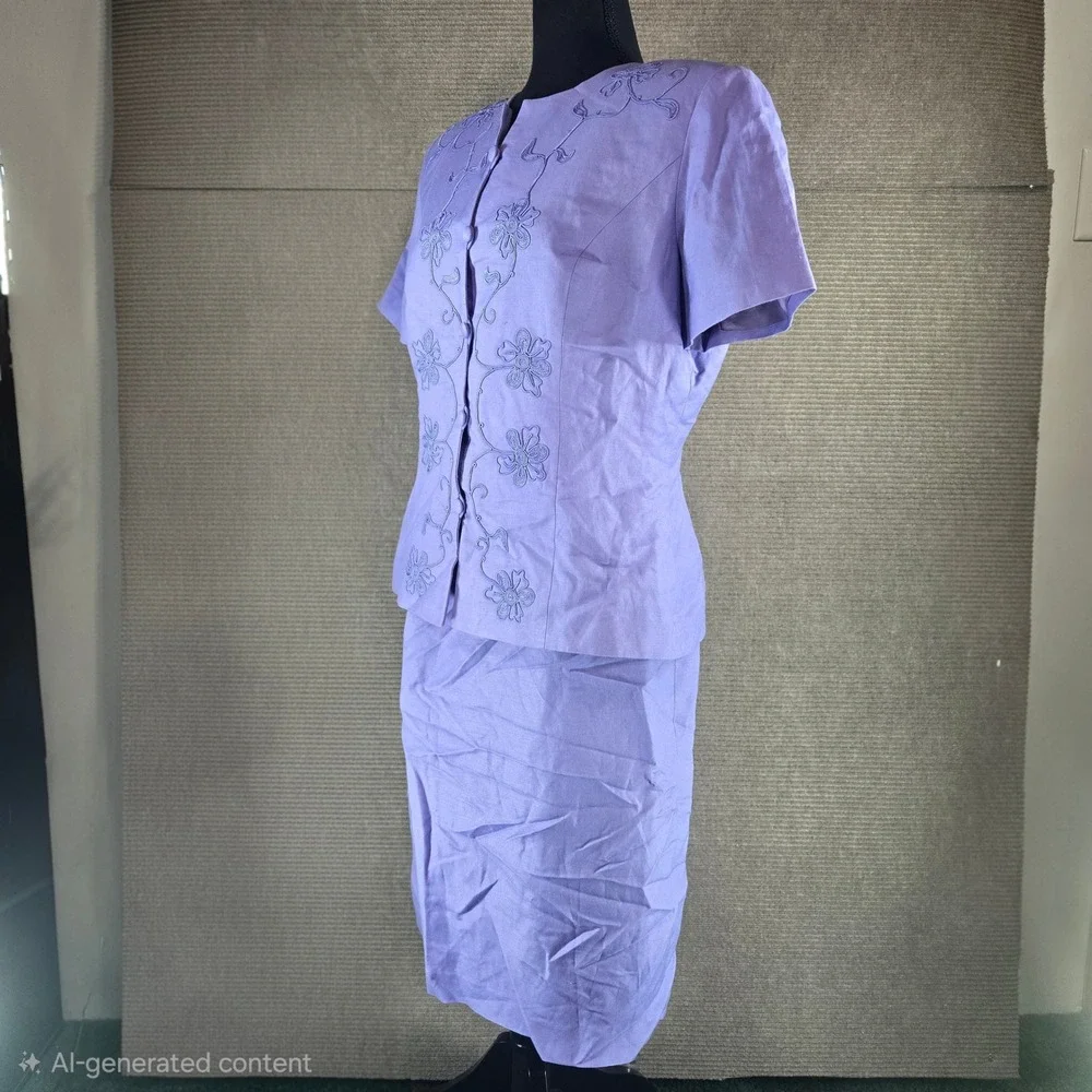 Donna Morgan Womens 12 Purple Linen Blend‎ Embroidered Skirt Suit Set